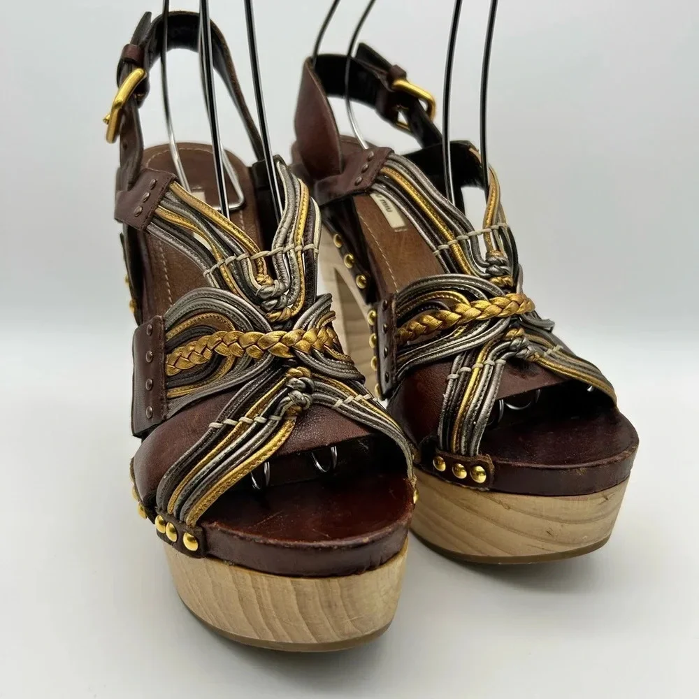 Miu Miu 36 Heel Sling Clog Wedge Platform Stud Brown Leather Wood Y2k boho tall